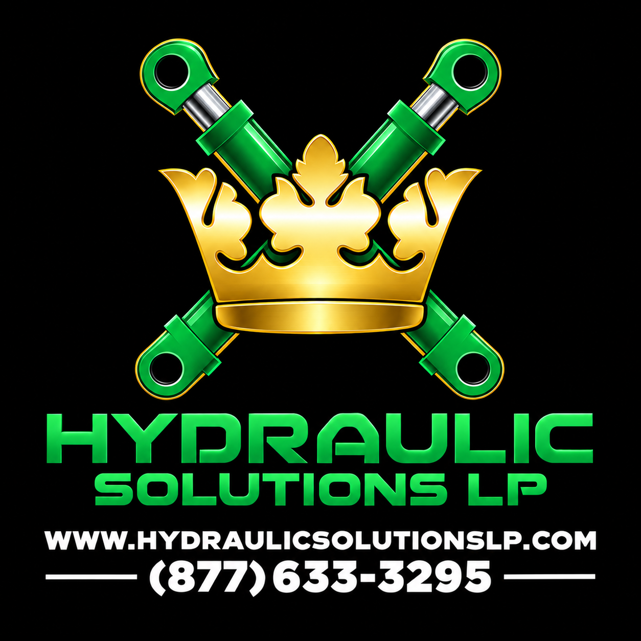 Hydraulic Solutions LP gold crown and crossed green hydraulic cylinders